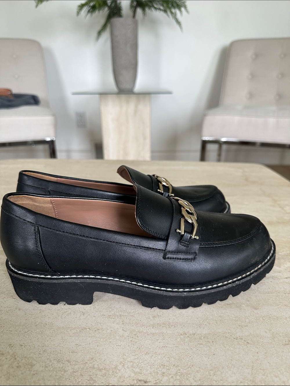 BCBGeneration Black Leather Loafers with Gold Chain Accent - Picture 4 of 7